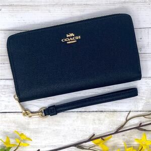 Coach Long Zip Around Wallet in Gold/Black Leather C3441